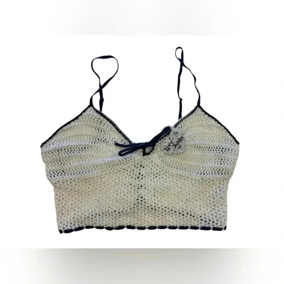 Love Knits Nyc NWT Cropped  Knitted Tank Top tie up White/Blue Size XL - Picture 5 of 8